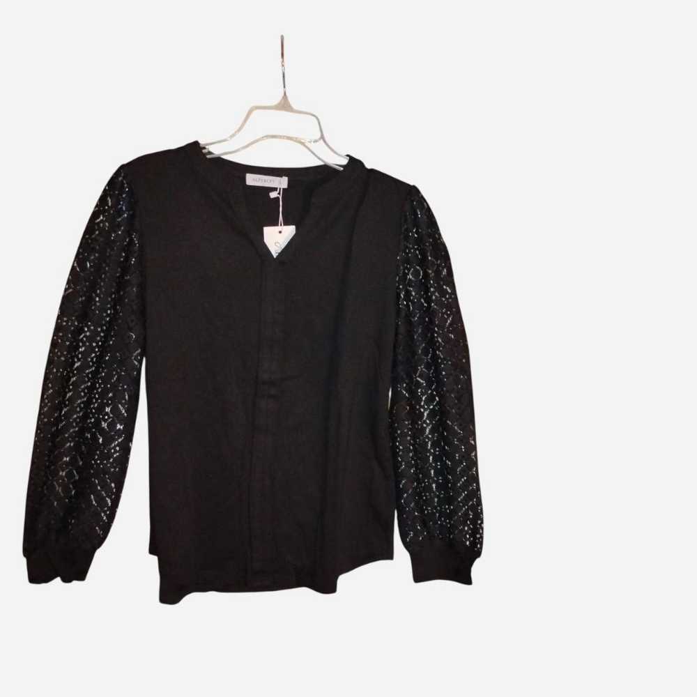 ALFYRCFT Black V-Neck Top with Lace Balloon Sleeves - Size M NEW